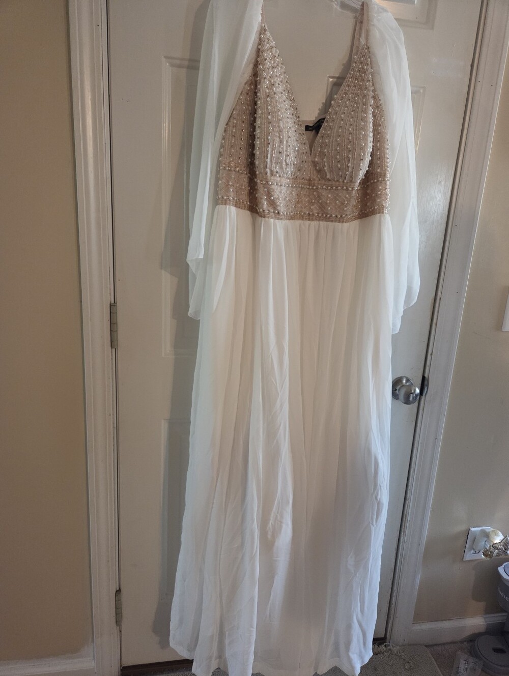Plus Size Beaded Champagne and White Chiffon Formal Prom Maxi Dress